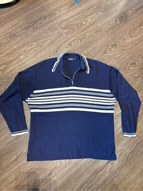 Mexx Navy Blue Zip-Up Polo Sweater with White Stripes